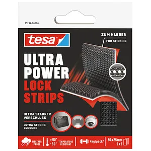 tesa Klett-Klebeband Ultra Power Lock Strips - extra starkes selbstklebendes Klettband, ideal für glatte Oberflächen und vielseitigen Einsatz