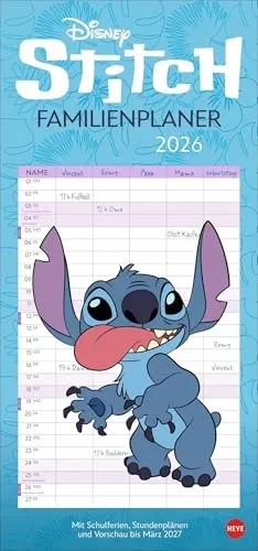 Stitch Familienplaner 2026: Kunterbunter Familienkalender mit dem chaotischen blauen Alien, bekannt aus „Lilo & Stitch“: Alle Termine immer im Blick! Monatskalender, 21 x 45 cm (Familienplaner Heye)