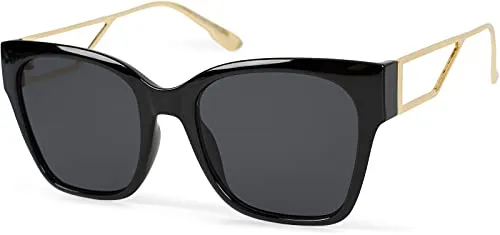 styleBREAKER Damen Oversize Sonnenbrille mit breiten Metall Bügeln, Polycarbonat Gläsern und Kunststoff Gestell 09020128, Farbe:Gestell Schwarz-Gold/Glas Grau getönt