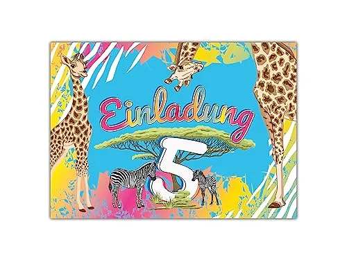 Limonia 12 Einladungskarten zum 5. Geburtstag Einladung Kindergeburtstag Mädchen Jungen Karten Safari Giraffe Zebra Pferd Sahara
