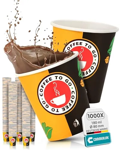 Commerline 1000 Stück 7,5oz/180ml Kaffeebecher to go | Pappbecher Cups Coffee to Go Becher | Kaffee to+go Papierbecher Hartpapier Einwegbecher | Einweg Becher für Kafee/Tee