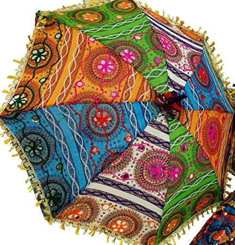GURU SHOP Bunter Baumwoll-Sonnenschirm aus Indien, Klein (61x66 cm) - Sonnenschirm aus Indien in handgearbeiteter Baumwoll-Optik, ideal für Garten oder Balkon, bringt Farbe und Stil in jeden Außenbereich.