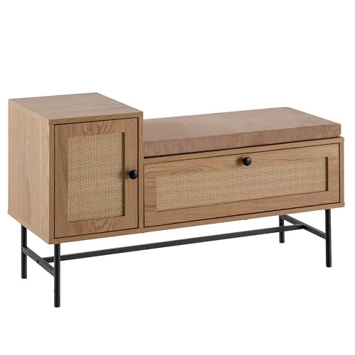 FineBuy Schuhbank 100 cm - Garderobe mit Sitzbank - Moderne Garderobenbank mit beigem Stoffbezug und auffälligem Rattan-Geflecht. Ideal für den Flur, um Schuhe bequem anzuziehen und Stauraum zu schaffen.