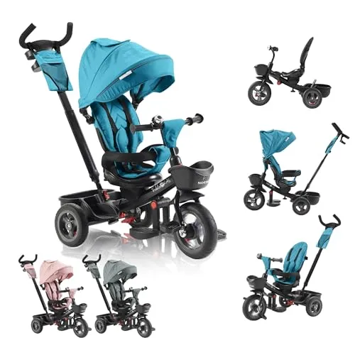 FableKids 5in1 Dreirad Noemi - Türkis - Dreirad für Kinder ab 18 Monaten, multifunktional als Kinderwagen oder Lauflernhilfe nutzbar, mit sicherem 3-Punkt-Gurt und praktischem Zubehör wie Getränkehalter und Aufbewahrungstasche.