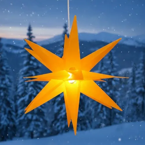 GURU SHOP 3D Batterie Außenstern Kaspar, Weihnachtsstern, Faltstern mit 18 Spitzen Incl. 7 m Kabel & LED Leuchtmittel - Ø 55 cm 4xAA Gelb Offen