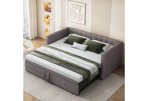 Odikalo Schlafsofa Polsterbett Ausziehbar 90/180*200cm Beige/Grau - Vielseitiges Schlafsofa mit ausziehbarem Rahmen für individuelle Schlafbedürfnisse. Hochwertiger Samtstoff und robustes Design sorgen für Komfort und Langlebigkeit, ideal für kleine Räume oder Gästezimmer.