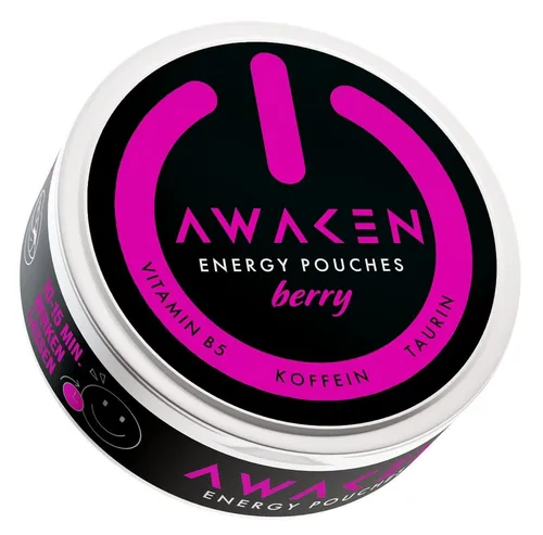 Awaken Energy Pouches Berry mit Koffein – 2 Dosen à 20 Stück - Erfrischende Energy Pouches mit 50mg Koffein pro Portion. Ideal für unterwegs: vegan, zuckerfrei und in fruchtigem Berry Geschmack. Qualität „Made in Germany“ für deinen Energieschub.