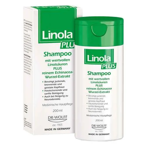 Linola Plus Shampoo - Hautfreundliches Shampoo für juckende Kopfhaut, mit wertvollen Pflanzenölen und Echinacea-Extrakt zur Linderung von Juckreiz und Schuppen.