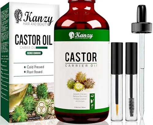 Kanzy Rizinusöl Bio Kaltgepresst 100ml - Haaröl für gesundes Haarwachstum, reich an Vitamin E und Omega-6-Fettsäuren, fördert die Stärkung von Wimpern und Augenbrauen, ideal zur Pflege und Befeuchtung der Haut.