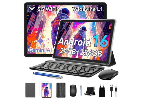 KINGRID 10,1" Android 15 Tablet mit Tastatur und Maus - Leistungsstarkes 10,1 Zoll Tablet mit 24GB RAM, 256GB Speicher und intelligenter Gemini AI-Funktion. Ideal für produktives Arbeiten und Entertainment, inklusive Tastatur, Maus und Schutzhülle.