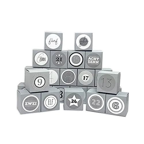 Frau WUNDERVoll® DIY Adventskalender Vorfreude zum Befüllen, 24 Faltschachteln grau 7(L) x7(B) x7(H) cm (gefaltet), XL Ziffern grau/Weihnachten, Aufkleber, Würfelbox, Faltverpackung, Schachteln