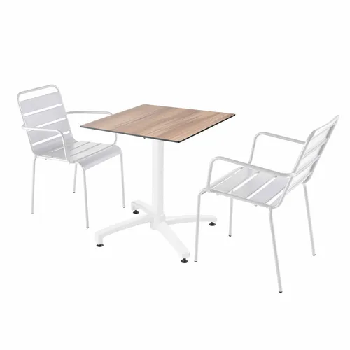 Set Gartentisch aus dunklem Eichenfurnier und 2 weißen Sesseln - Oviala Opéra