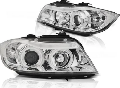 Scheinwerfer CCFL Angel Eyes für BMW 3er E90 E91 Bj. 05-08 Chrom - Frontscheinwerfer mit ultrahellen CCFL Standlichtringen für eine verbesserte Sichtbarkeit und edle Optik. Einfache Montage und eintragungsfrei dank E-Prüfzeichen - perfekt für BMW E90 E91 Limousine und Touring.