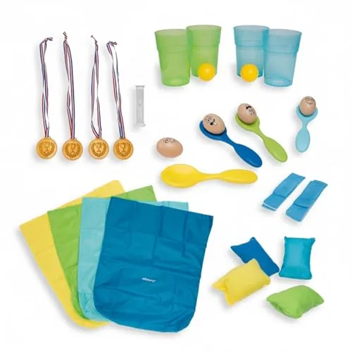 alldoro 60346 XXL Party Games für Kindergeburtstage - 5 in 1 Outdoor-Set für bis zu 4 Spieler, fördert Motorik und Teamgeist mit klassischen Bewegungsspielen und trendigem Pop-it Ballspiel. Inklusive Medaillen und Sanduhr für spannende Wettbewerbe!