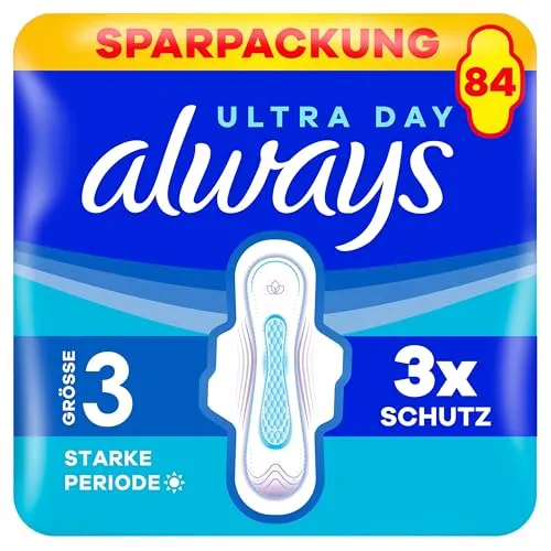 Always Ultra Damenbinden Long Plus (Größe 3) mit Flügeln - 84 Stück, Super Saugfähig und Ultra Dünn - Maximaler Komfort mit 3x Schutz für ein frisches Gefühl während der Periode. Die super saugfähige Binde bietet eine optimale Passform und verhindert Auslaufen. Ideal für den täglichen Einsatz.