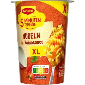 Maggi Fertiggericht 5 Minuten Terrine XL, Nudeln in Rahmsauce - Nudelgerichte, schnell und unkompliziert in nur 5 Minuten zubereitet, perfekt für zuhause, unterwegs oder im Büro. Vegetarisch und lecker mit sahnigem Rahm und fruchtigen Tomaten.