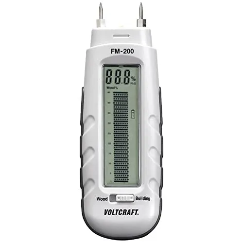 VOLTCRAFT FM-200 Materialfeuchtemessgerät - Elektrische Messgeräte zur präzisen Baufeuchtigkeitsmessung, ideal für Holz mit einem Messbereich von 6-44% Vol. Inklusive 3 Batterien und 10 Ersatzmessspitzen.