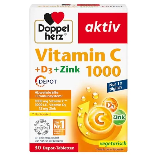 Doppelherz Vitamin C1000 + D3 + Zink Depot Tabletten - Nahrungsergänzungsmittel zur Unterstützung des Immunsystems, liefert 1000 mg Vitamin C und 800 I.E. Vitamin D3 für optimale Abwehrkräfte und gesunde Knochen.