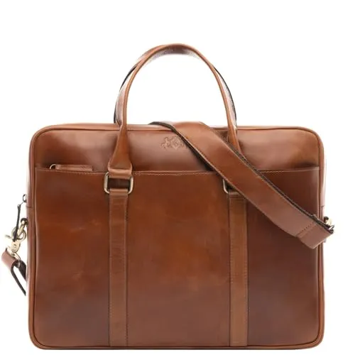 SID & VAIN Umhängetasche aus echtem Leder für 15 Zoll Laptops - Umhängetasche aus hochwertigem Leder, ideal für Damen und Herren. Mit einem speziellen Laptopfach für 15 Zoll Geräte und handgefertigter Verarbeitung in elegantem hell-braun.