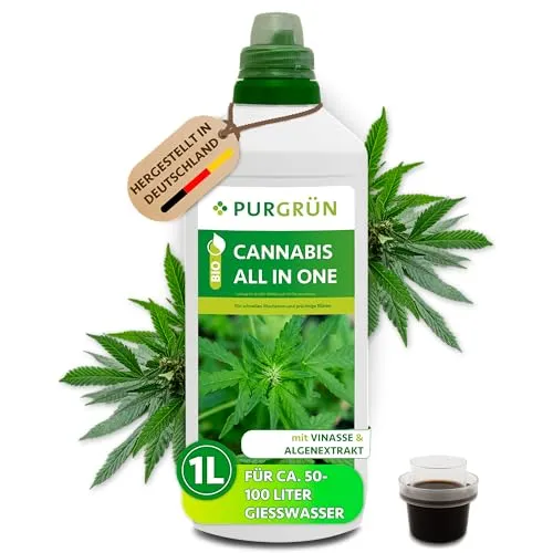 Purgrün Bio Cannabis Dünger 1L - Bio-Flüssigdünger für Cannabis mit NPK 4+1+7, enthält Algenextrakt für extra Kalium und stärkt die Widerstandskraft der Pflanzen. Ideal für Freiland, Nutzgarten und Terrasse.