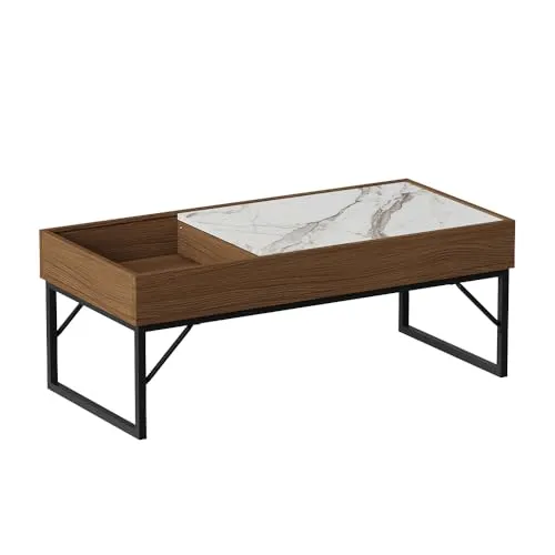 Vicco Couchtisch Lunero, Nussbaum/Marmor, 105 x 50 cm - Eleganter Couchtisch mit Stauraum, ideal für gemütliche Abende oder entspannte Stunden. Bringen Sie Stil und Ordnung in Ihr Wohnzimmer!