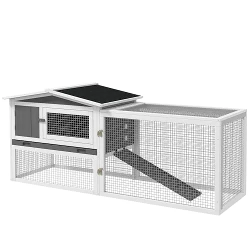 PawHut Hasenstall Kaninchenstall mit Freilaufgehege Bodenwanne, Rampe, Kleintierstall aus Holz Meerschweinchen Gehege mit 2 Etagen, Sichtfenster, für Zwergkaninchen 156x58x68 cm, Hellgrau
