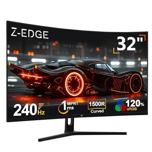 Z-Edge 32 Zoll Curved Gaming Monitor 240Hz - Gaming Monitor mit 240Hz und 1ms Reaktionszeit für ultra-flüssiges Gameplay. Der 1500R Curved Bildschirm bietet ein immersives Erlebnis und reduziert Bildschirmreißen mit FreeSync-Technologie.