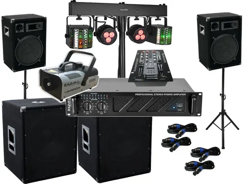 DJ Komplett Set 18 - Musikanlage mit Nebel und LED Licht - DJ- & PA-Sets mit 4000 Watt Leistung, inkl. Subwoofer, Verstärker und LED-Licht für unvergessliche Partys und Events.