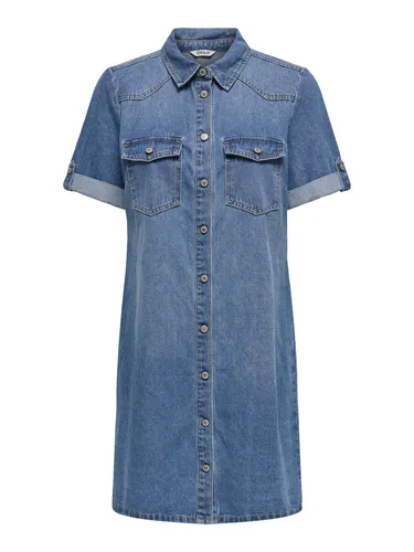 ONLY Jeanskleid ONLLISA S/S DNM DRESS GUA, Medium Blue Denim - Elegantes Jeanskleid aus 90% Baumwolle, pflegeleicht und modisch, perfekt für Freizeit oder Büro. Mit Brusttaschen und Kurzarm für einen lässigen Look.