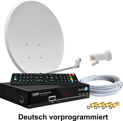 Digitale Satellitenanlage Komplettset 60cm mit HDTV Receiver - Komplettset für 1 Teilnehmer: 60 cm Sat-Spiegel, hochwertiger LNB mit nur 0,1dB Rauschmaß, benutzerfreundlicher HDTV Receiver und 10m Koaxialkabel. Ideal für den Empfang digitaler TV- und Radioprogramme.