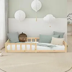 Homestyle4u Kinderbett 90x200 mit Rausfallschutz - Bodenbett aus Kiefer in Weiß/Natur, inkl. Lattenrost und Rausfallschutz, ideal für sichere Nächte im Kinderzimmer.