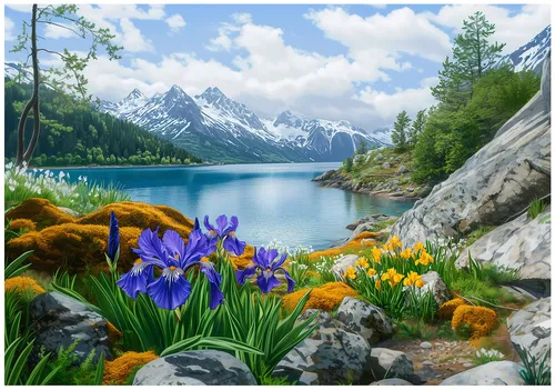 Wallarena Fototapete Landschaft See Berg Vlies Tapete Wohnzimmer Schlafzimmer Wandtapete, Glatt Vlies Washable, Landschaft, See, Berg, Blumen, blau, (Packung, 8 St., Vlies Fototapete), Vliestapete schwarz Wohnzimmer Schlafzimmer Küche Tapete + Kleister