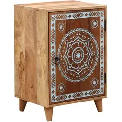 Boho Nachttisch Binar aus massivem Mangoholz - Handgeschnitzter Nachttisch Binar aus robustem Mangoholz, vielseitig einsetzbar als Nachtschrank oder Beistelltisch. Ein einzigartiges Möbelstück, das mit seiner natürlichen Holzmaserung jeden Raum stilvoll ergänzt.