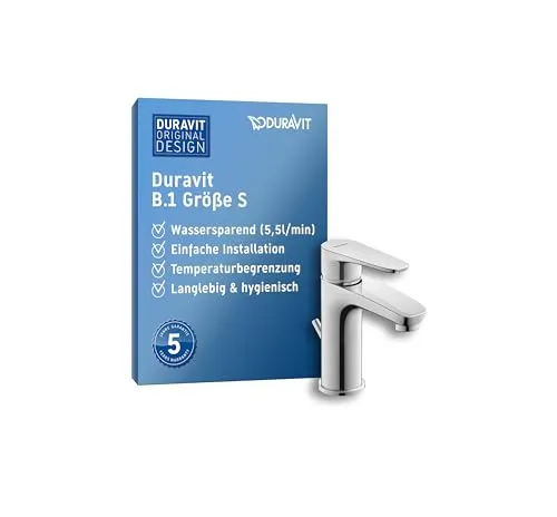 Duravit B.1 Waschtischarmatur, Größe S (Auslauf Höhe 96 mm), Wasserhahn Bad mit Zugstangen-Ablaufgarnitur, Waschbecken Armatur mit Keramikkartusche, Chrom
