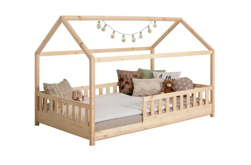 TiCAA Kinderbett Hausbett "Kay" 120x200 Kiefer natur - Kinderzimmermöbel: Hochwertiges Hausbett aus massiver Kiefer, minimalistisch und einladend - perfekt für Träume und Abenteuer mit einer großzügigen Liegefläche von 120 x 200 cm.