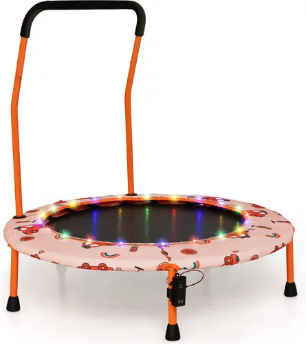 COSTWAY Mini Trampolin Ø92 cm mit LED-Beleuchtung und abnehmbarem Griff – Orange - Erleben Sie Sprungspaß mit unserem Mini Trampolin für Kinder! Mit 21 bunten LED-Leuchten und einem abnehmbaren Sicherheitsgriff fördert es spielerisch die motorischen Fähigkeiten. Ideal für Kinder von 3 bis 6 Jahren.