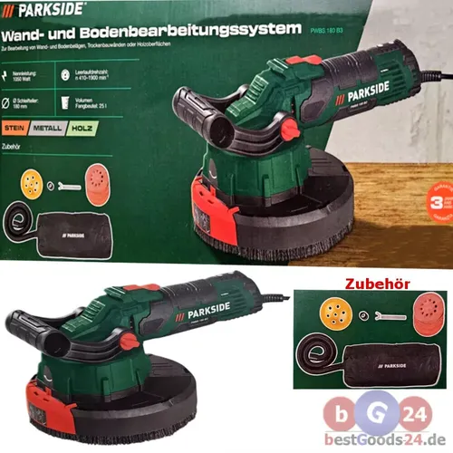 PARKSIDE® Wand- und Bodenbearbeitungssystem PWBS 180 B3, 1050 W - Schleifmaschine für Wand- und Bodenbeläge, kraftvoller 1050-Watt-Motor, integrierte Absaugfunktion und abnehmbares Vorderteil für randnahes Arbeiten.