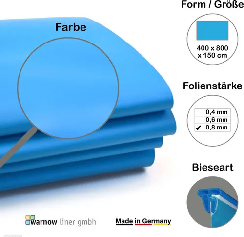 Premium Poolfolie 800x400 cm für Styroporpool – 0,8 mm - Hochwertige PVC Poolfolie für Stahlwandbecken: reißfest, chlorbeständig und UV-stabilisiert. Ideal für eine langlebige Nutzung und einfache Montage.