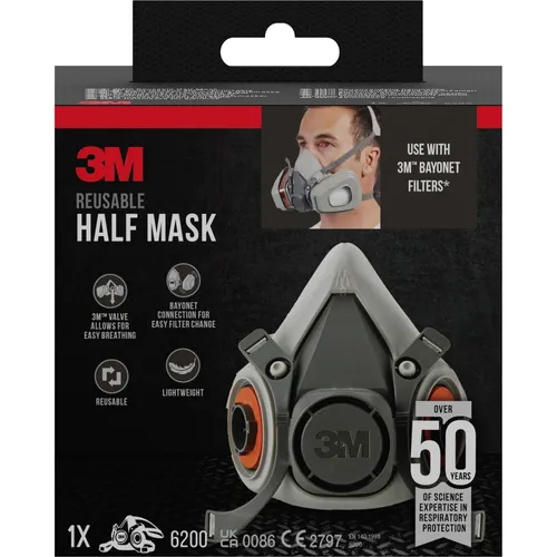 3M Halbmaske 6200, Wiederverwendbar, Mittelgroß - Mundschutz für Lackierarbeiten, bietet zuverlässigen Atemschutz mit Premium-Filtration und ist wiederverwendbar für langfristige Nutzung.