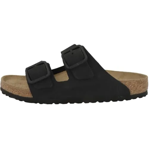 Birkenstock Arizona Sandale für Unisex Erwachsene aus Nubukleder Schwarz 42 - Hochwertige Sandale mit anatomisch geformtem Kork-Latex-Fußbett und verstellbaren Riemen. Ideal für komfortablen Tragekomfort und langlebigen Einsatz.