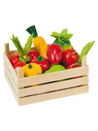 Goki 51658 - Obst und Gemüse in Kiste - Sonstiges: Perfekte Kiste für Marktstand oder Kaufmannsladen, fördert kreatives Spielen und bietet eine Vielzahl an Obst und Gemüse.