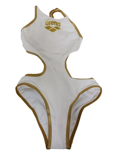 ARENA Damen Biglogo Einteiler Badeanzug - Weiß-gold - Gr. 34 - Bademode für Damen, stylischer Einteiler mit auffälligem Biglogo-Design, perfekt für Schwimmtraining und Freizeit.