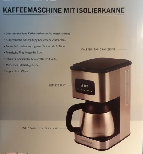 RB&G Thermo Kaffeemaschine TCM-1, Edelstahl für 8 Tassen - Kaffeemaschine mit 900 W, Timer-Funktion und 1L Wassertank für bis zu 8 Tassen. Programmierbar bis zu 24 Stunden im Voraus und mit Anti-Tropf-Vorrichtung für einfaches Befüllen.