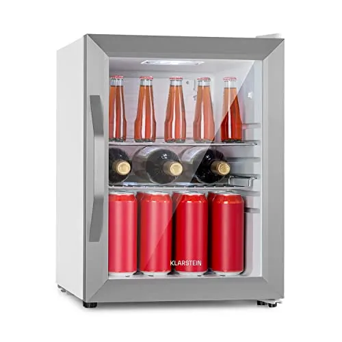 Klarstein Beersafe M Crystal White Kühlschrank 33 Ltr - Mini-Kühlschrank mit Glastür und 33 Ltr Fassungsvermögen, ideal für erfrischende Getränke und Snacks, ausgestattet mit zwei praktischen Metall-Gitterböden.