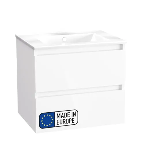 BadeDu Gers Waschbecken mit Unterschrank – 60 cm, Keramik in Weiß mit Soft-Close-System - ELEGANTES DESIGN – Das stilvolle Waschbecken aus robuster Keramik kombiniert mit einem modernen Unterschrank, bietet praktische Aufbewahrung mit grifflosen Schubladen und Soft-Close-Funktion für leises Schließen.