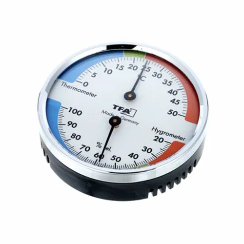 TFA Thermo-Hygrometer Comfort - Hygrometer mit farbigen Komfortzonen für optimale Raumklimaüberwachung, elegantes Gehäuse mit verchromtem Messingring, Ø 71 mm.