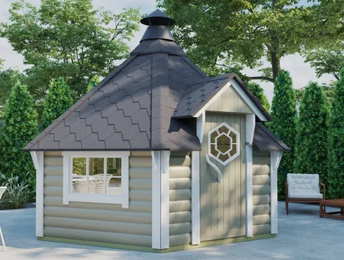 Finn Art Grillkota Exzellent 9,2 - Sechseckige Grillhütte für den Garten - Gartenhaus aus Kiefer mit einfacher Montage, bietet 9 m² Platz für gesellige Grillabende und ist abschließbar für zusätzliche Sicherheit.