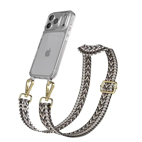 EAZY CASE Handykette - Verstellbares Taschenband kompatibel mit iPhone 17 Pro, Schulterriemen, Handykordel mit Silikon Hülle, Umhängetasche, Grau Schwarz Gold