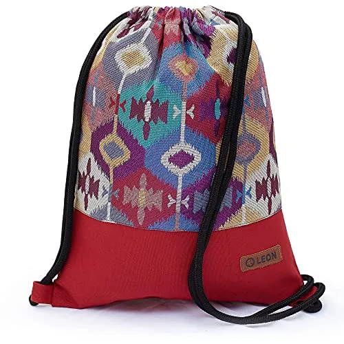 By Bers Leon großer Premium Turnbeutel mit Innentaschen Rucksack Tasche Damen Herren Teenager Gym Bag Draw String 45x34cm für Sport Reise Alltag Einkauf (Boho 001Rot)
