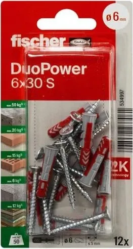 fischer DuoPower 6x30 S 2K Dübel mit Schrauben – 12 Stück - Robuste 2K Dübel mit optimaler Haltekraft für vielseitige Anwendungen. Ideal für sichere Befestigungen in unterschiedlichen Materialien.